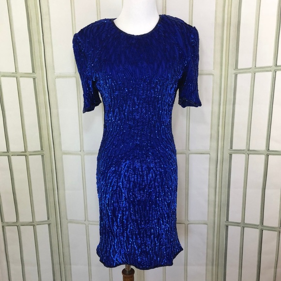Laurence Kazar Blue Sparkling Sequins Sheath Dress Size Small - Picture 1 of 8